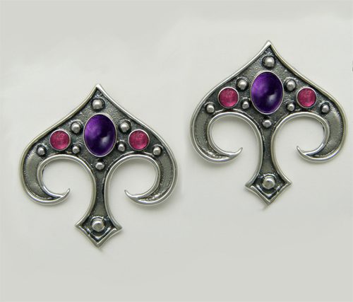 Sterling Silver Gothic Inspired Drop Dangle Earrings With Amethyst And Pink Tourmaline